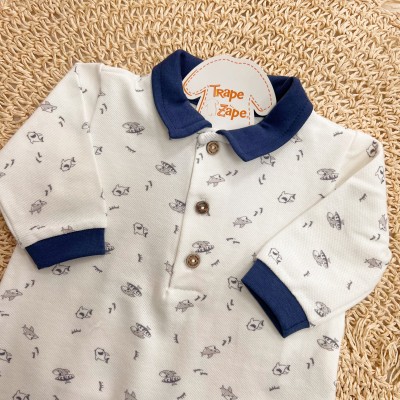 Macacão Curto com Manga Longa Piquet com Gola Polo Tubarão - Off White e Marinho